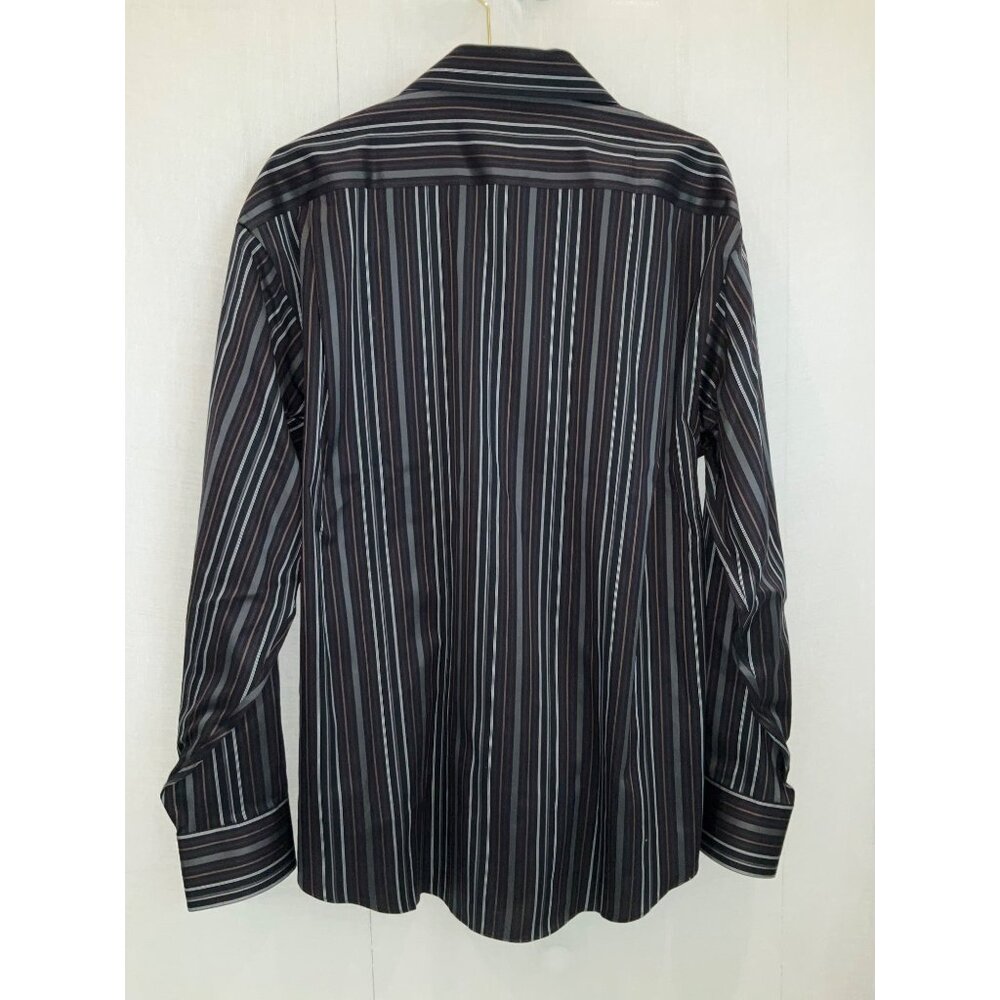 Pronto Uomo Black, Tan White Stripe Dress Shirt Size Large - Picture 6 of 7